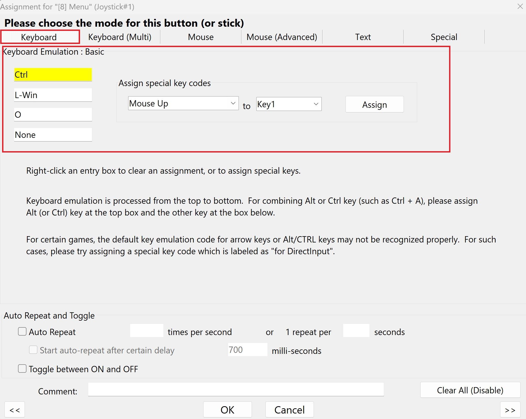 A screenshot of the JoyToKey assignment editor in the keyboard tab. The keyboard emulation section is highlighted.