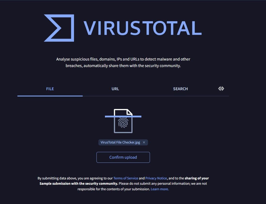 Image showing VirusTotal File Checker file upload process