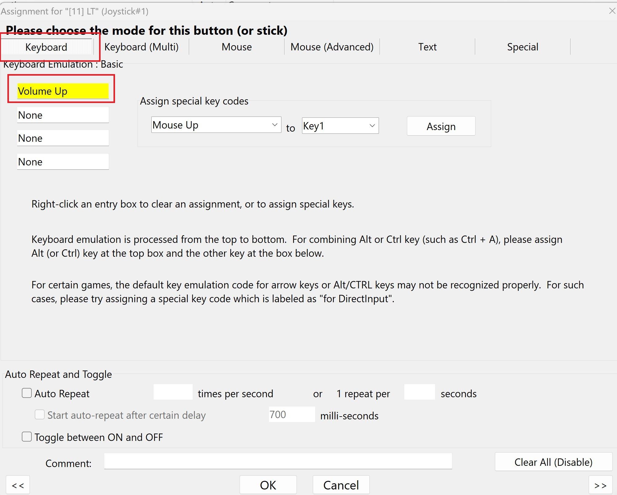 A screenshot of the JoyToKey assignment editor in the keyboard tab. Volume Up is in the keyboard emulation section.