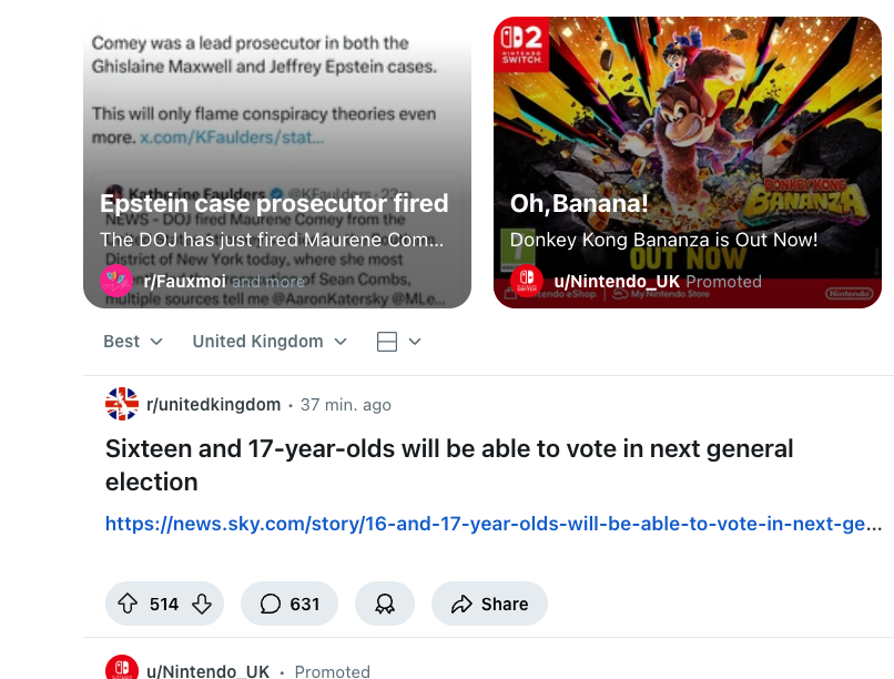 Reddit’s home page showing posts in a “Best” sort order.