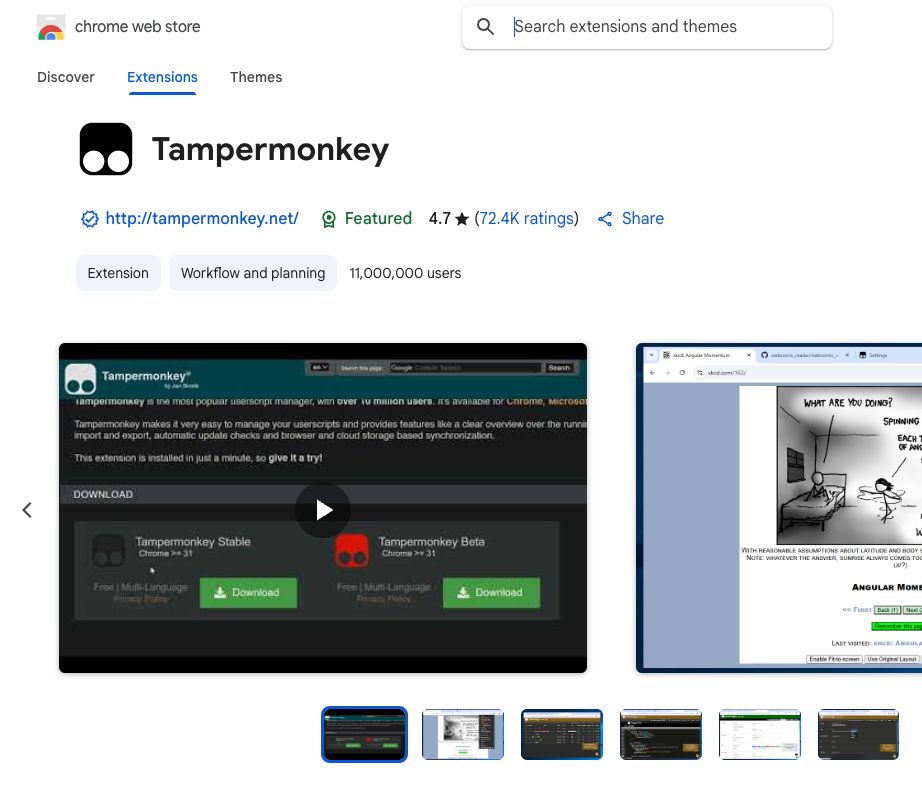 The Chrome extension page for Tampermonkey.