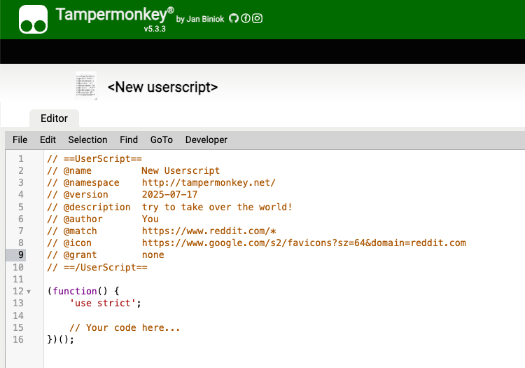 A new userscript in Tampermonkey, with boilerplate JavaScript code.