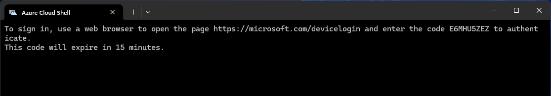 Windows Azure Cloud Shell showing login authentication code