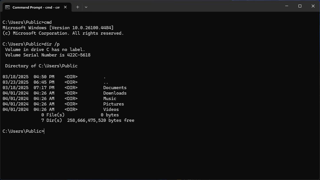 Windows command prompt showing a directory listing.