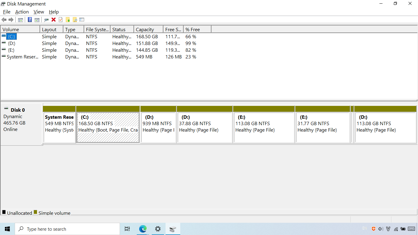 The Disk Management app on Windows showing the connected storage devices, partitions, and other info.