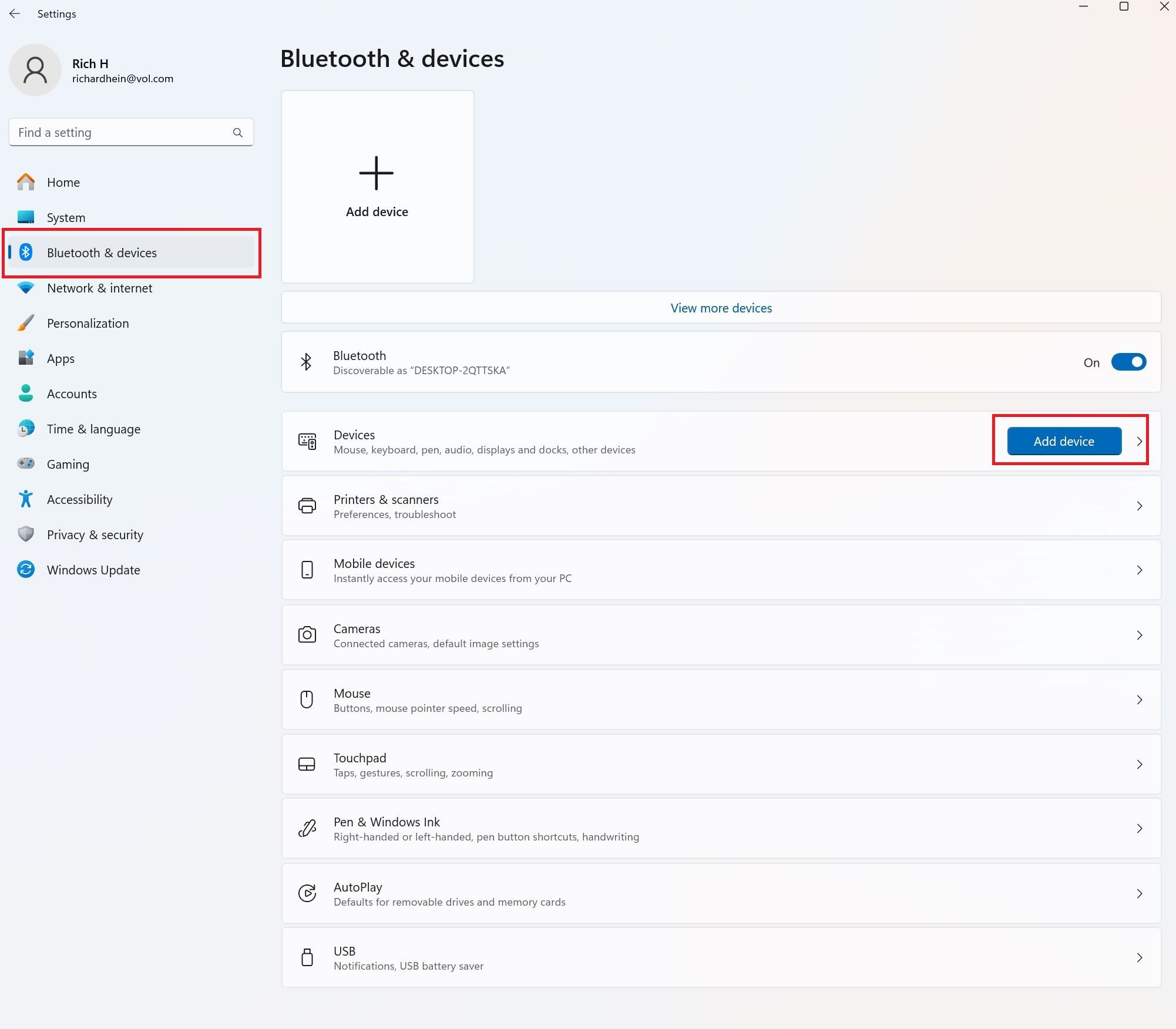 A screenshot of the Windows Bluetooth device screen. With the add a device button highlighted.