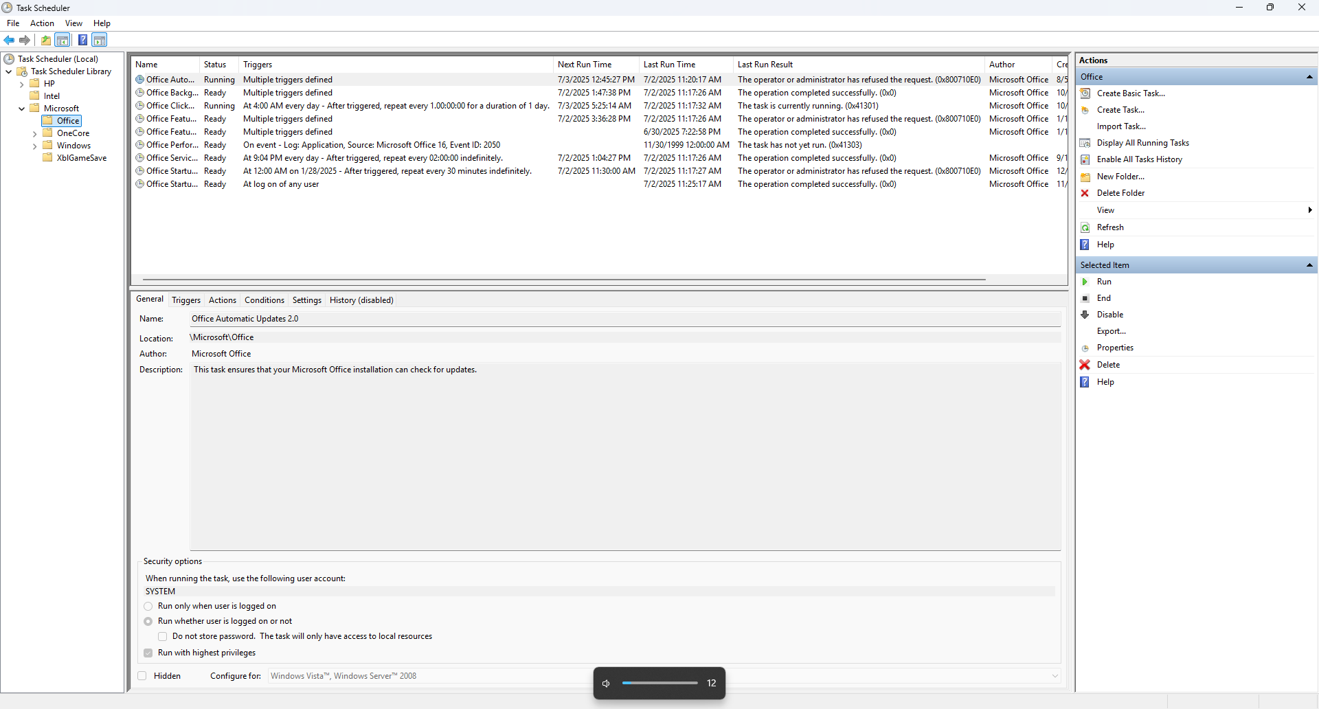 Windows task scheduler showing office update task.