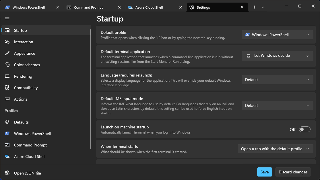 Windows terminal showing multiple environments and settings.