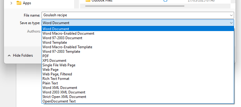Word Document is selected in the Save As Type drop-down menu of the Save As dialog box in Microsoft Word.