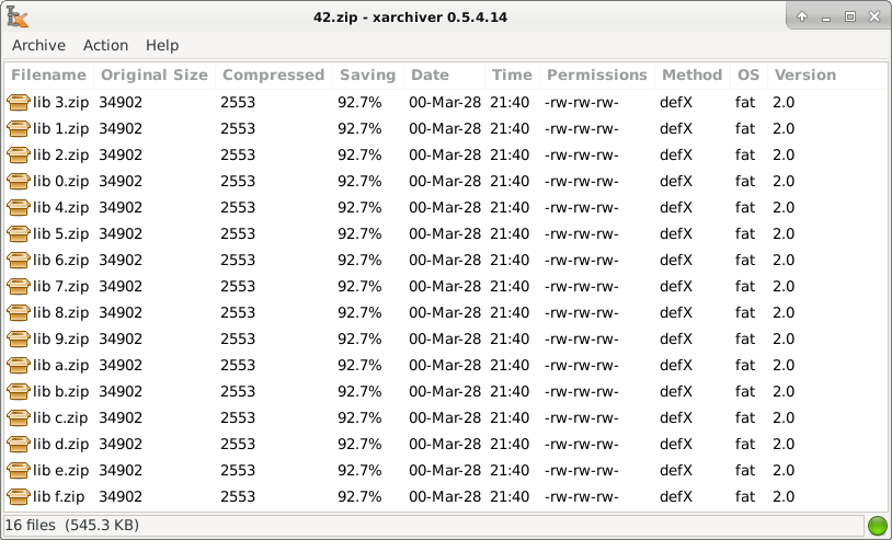 The famous 42.zip archive loaded in XArchiver