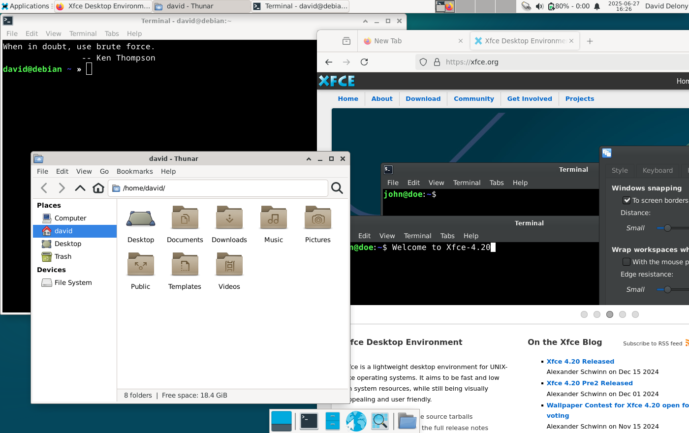 XFCE Desktop Open with Thunar File Manager, Firefox Web Browser and Window Terminal.
