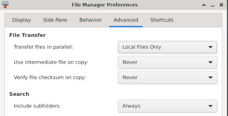 XFCE file manager preferences menu.