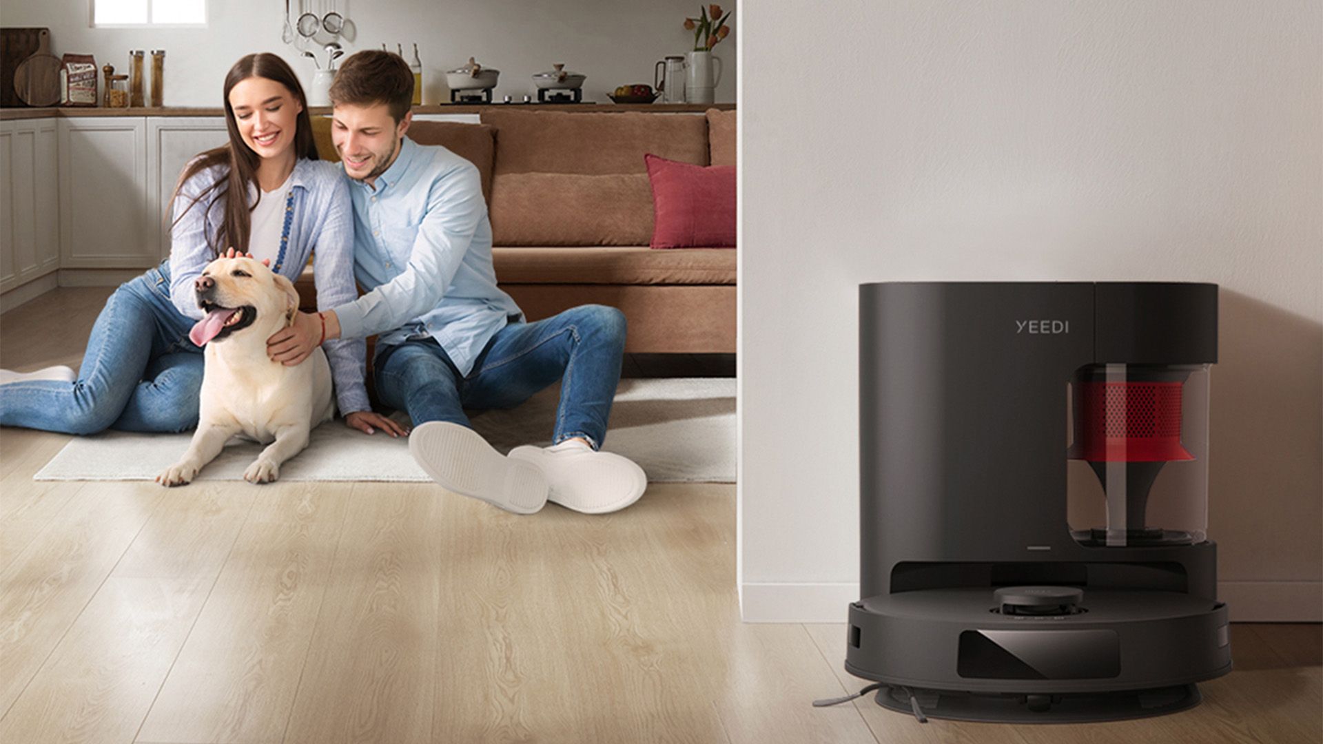 YEEDI C12 Pro Plus in a living room with a couple and a dog.