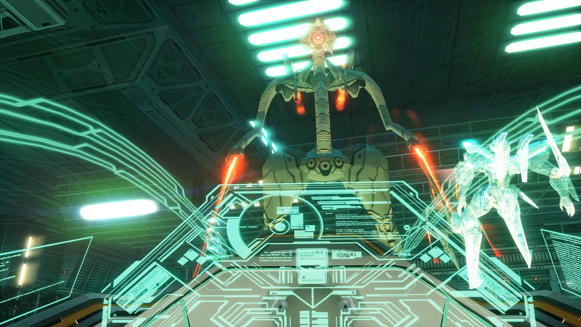 An enemy robot looms over the cockpit of the player in the game Zone of the Enders The 2nd Runner.