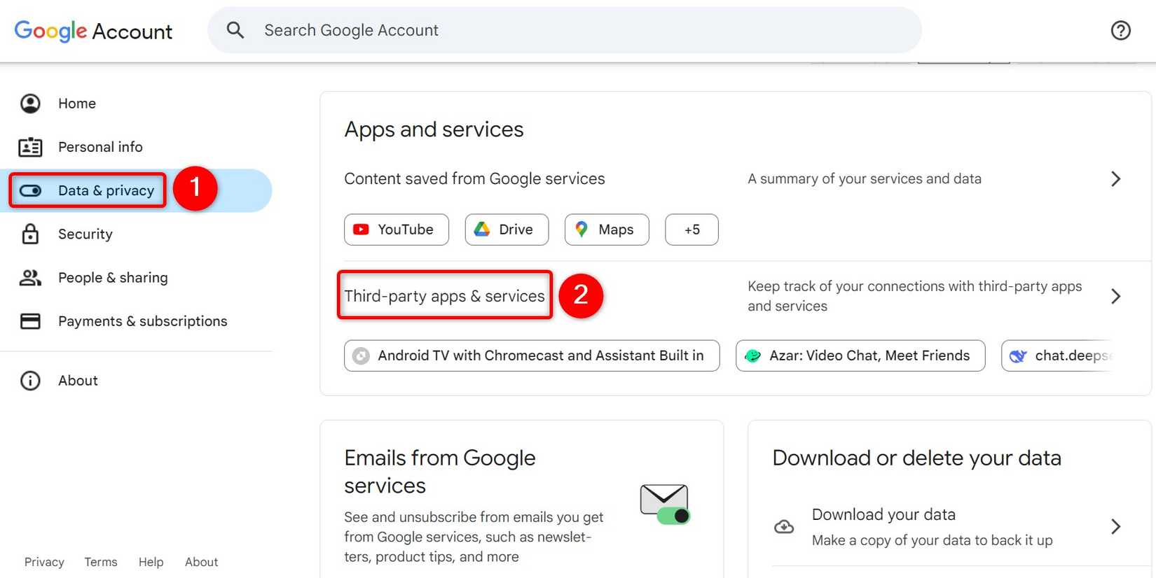 "Data & Privacy" and "Third-Party Apps and Services" highlighted on Google My Account.