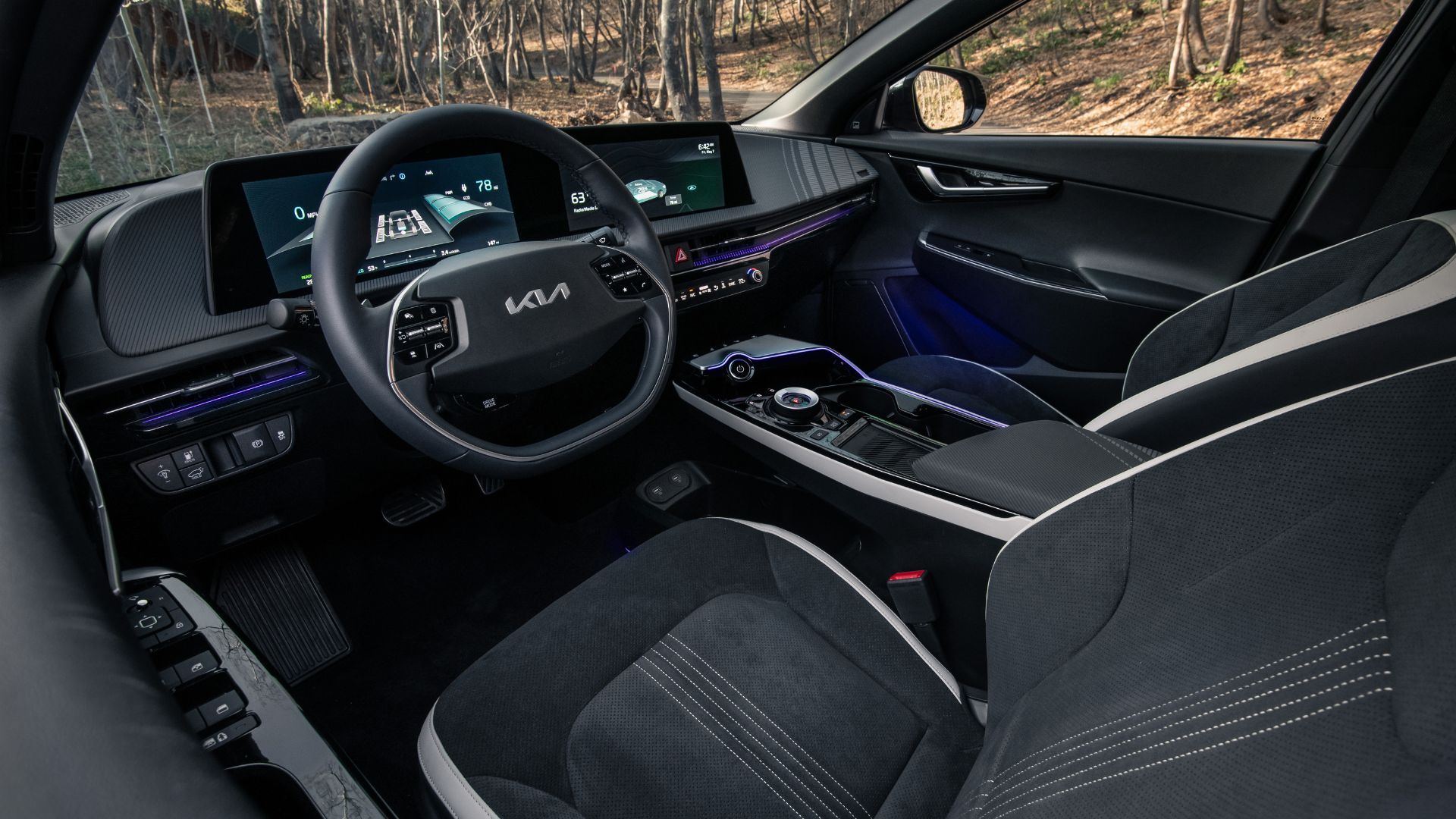 Shot inside the cabin of a 2022 Kia EV6 showing the interior.