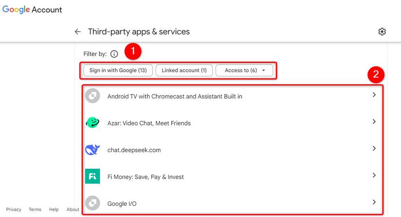 Apps and services connected to Google account highlighted.