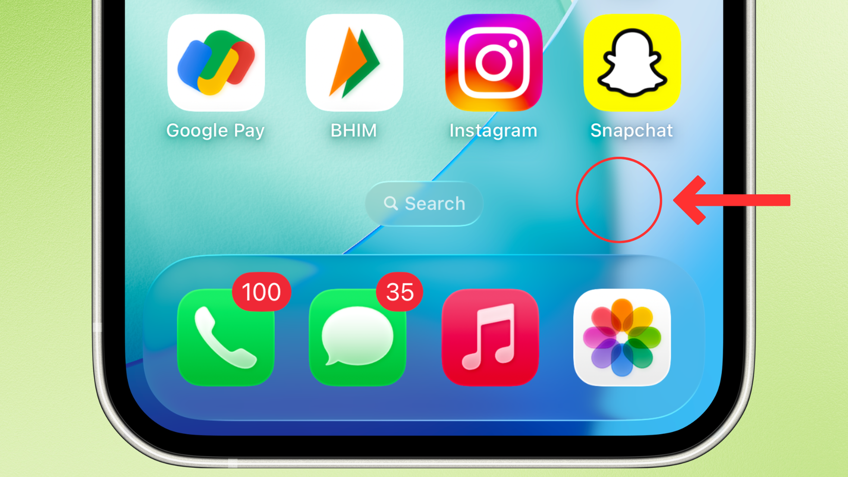 Screenshot of the iPhone's Home Screen with a circle and an arrow highlighting the empty space.