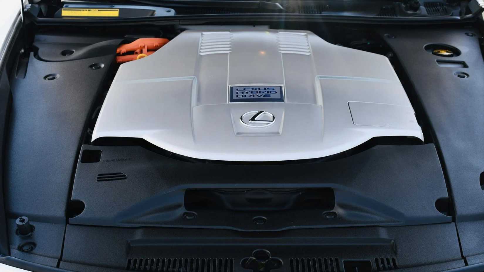 Shot under the hood of a 2011 Lexus LS 600h L showing the 5.-liter V-8 engine.