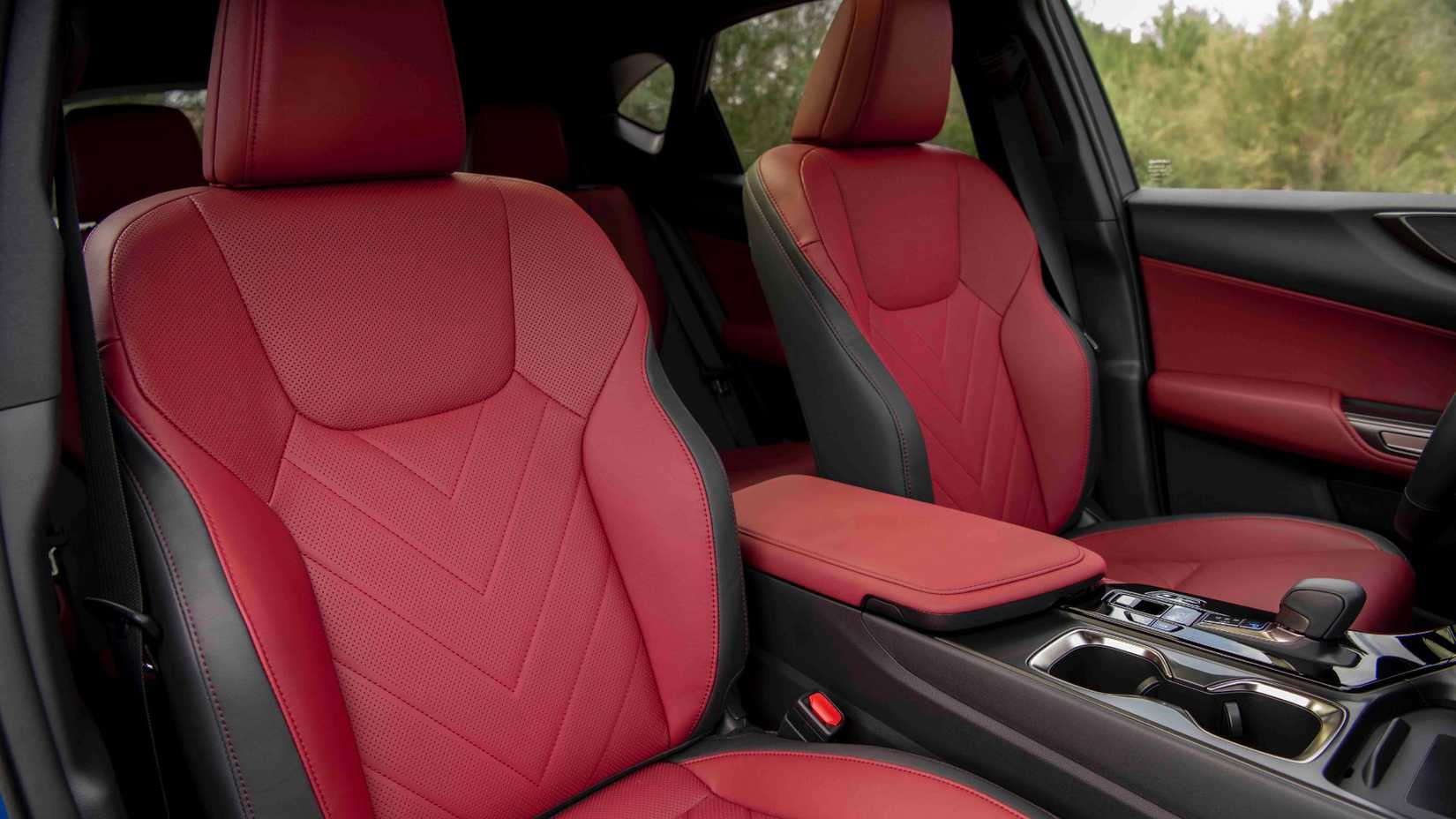 Close-up shot of the red abd black leather seats in a 2025 Lexus NX 350h.