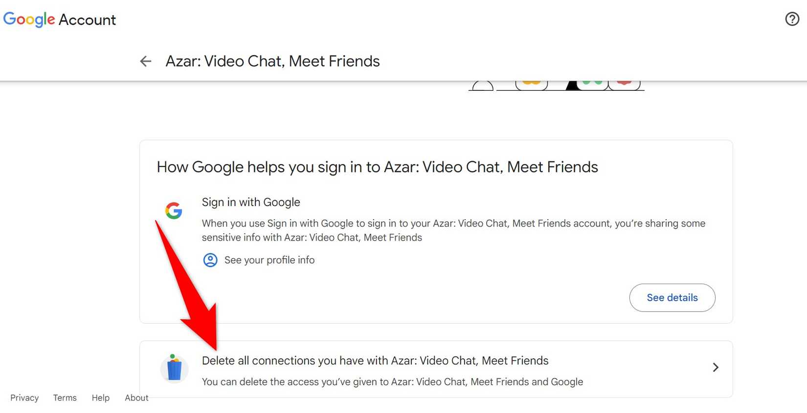 "Delete All Connections You Have With [App or Service Name]" highlighted on Google My Account.