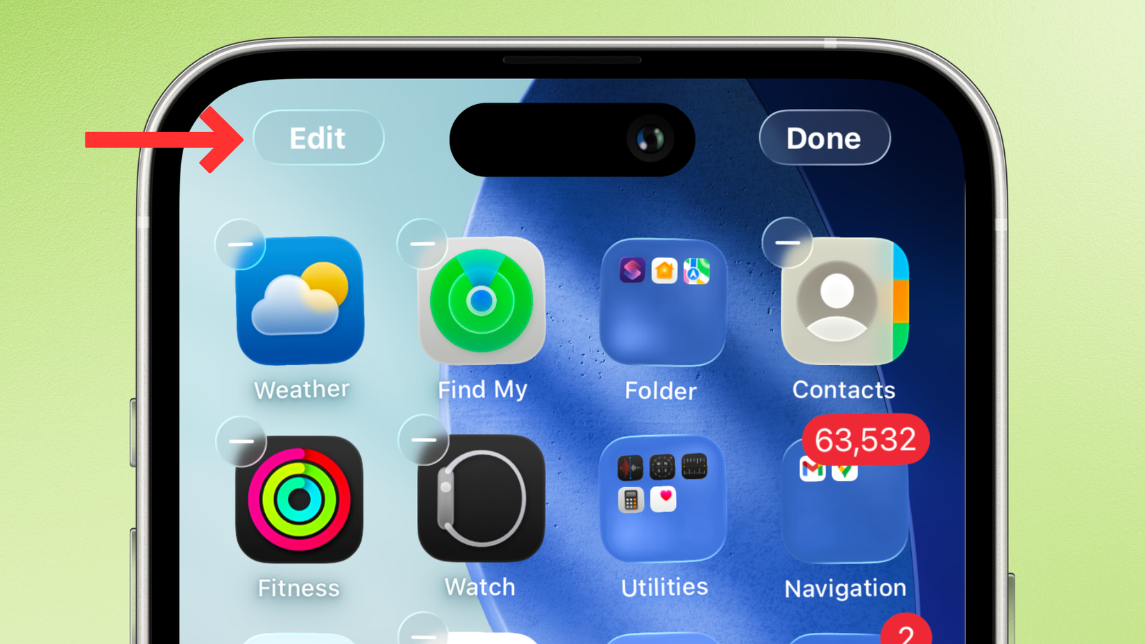 Screenshot of the iPhone's Home Screen with an arrow next to the Edit button.