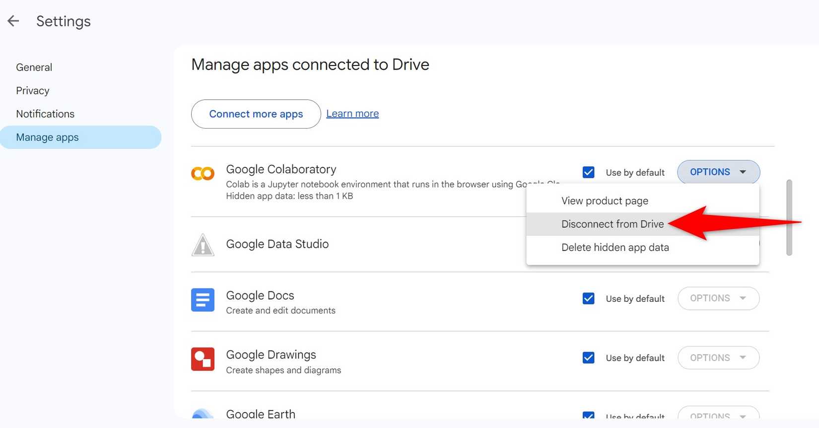 "Disconnect From Drive" highlighted in Google Drive settings.