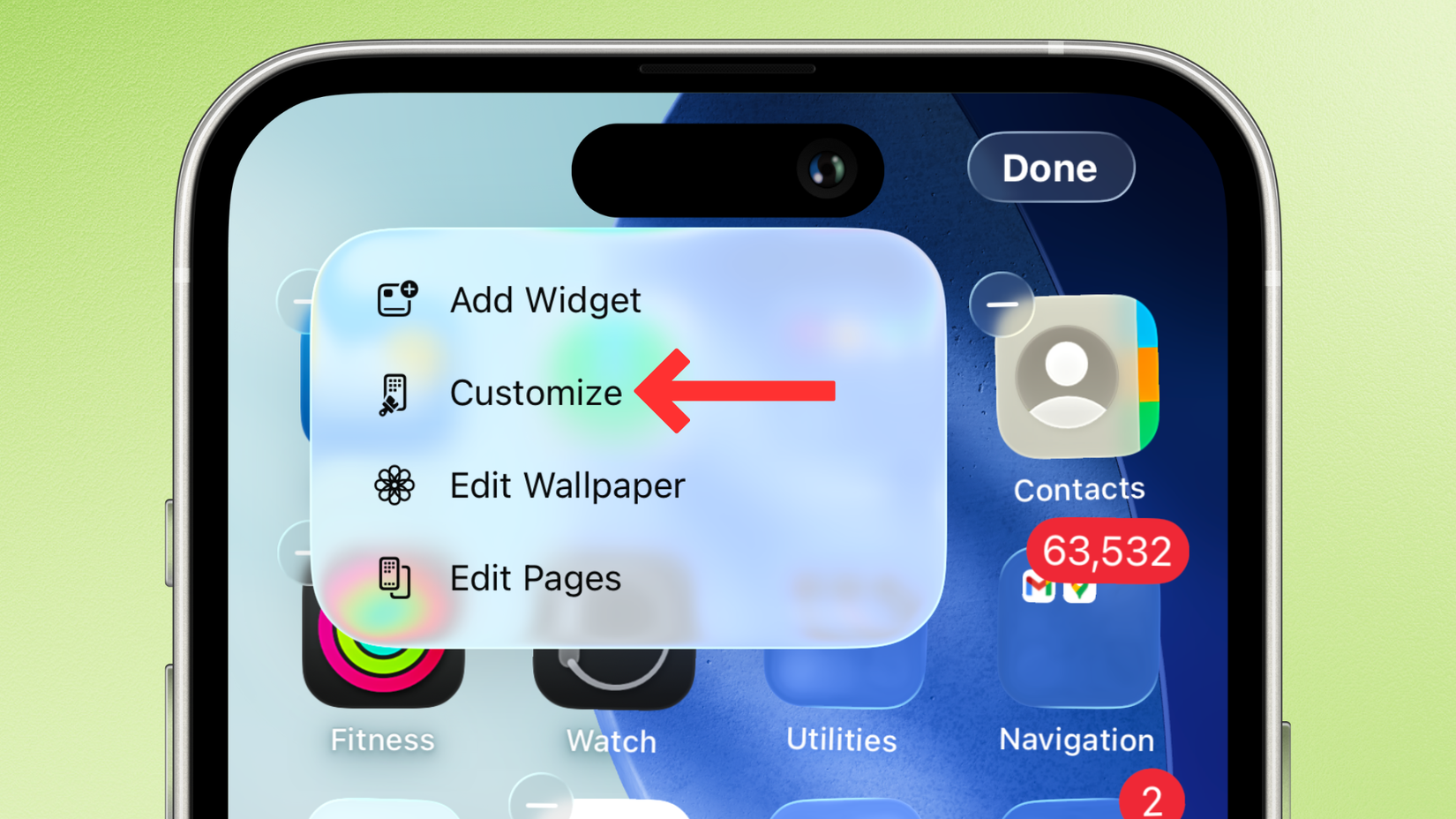 Screenshot of the iPhone's Home Screen with an arrow next to the Customize option.