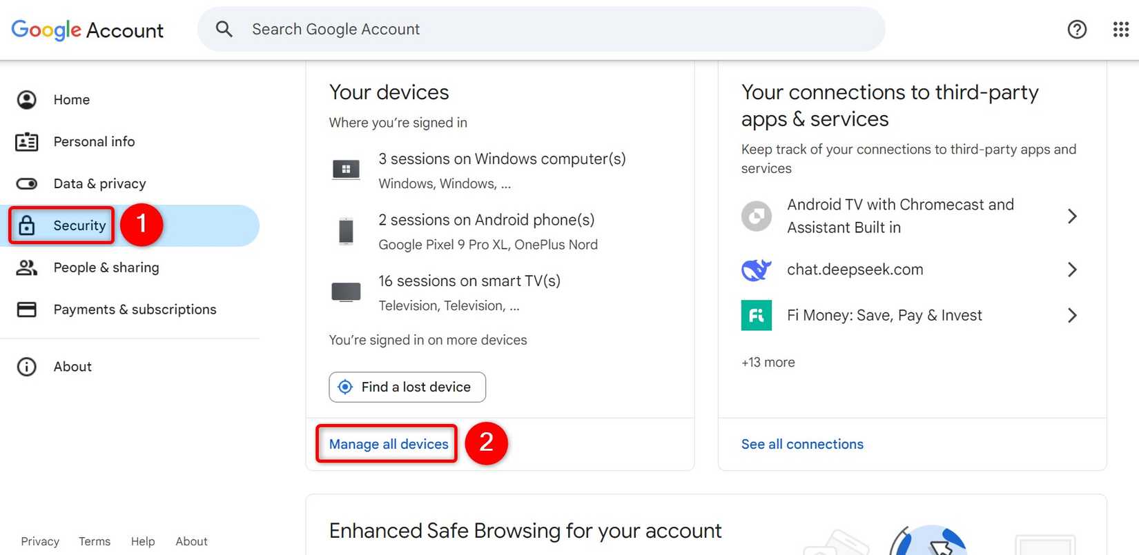 "Security" and "Manage All Devices" highlighted on Google My Account.
