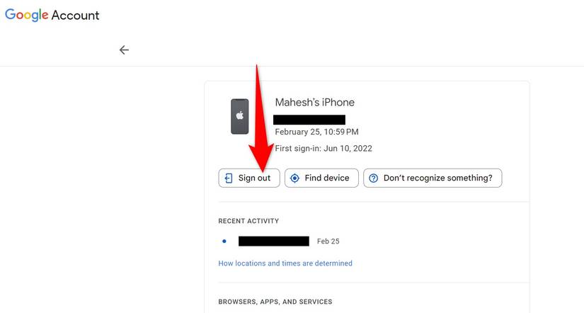 "Sign Out" highlighted for a device on Google My Account.
