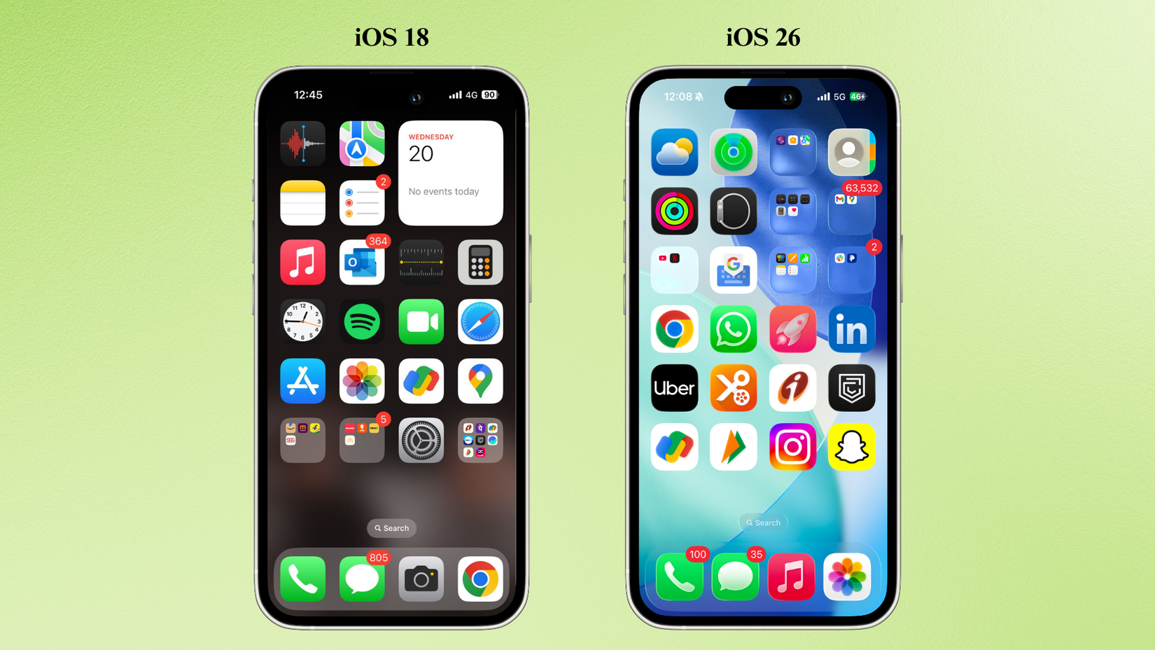 Screenshot of the iPhone's Home Screen with iOS 18 and iOS 26 next to each other, with the large icons feature enabled.