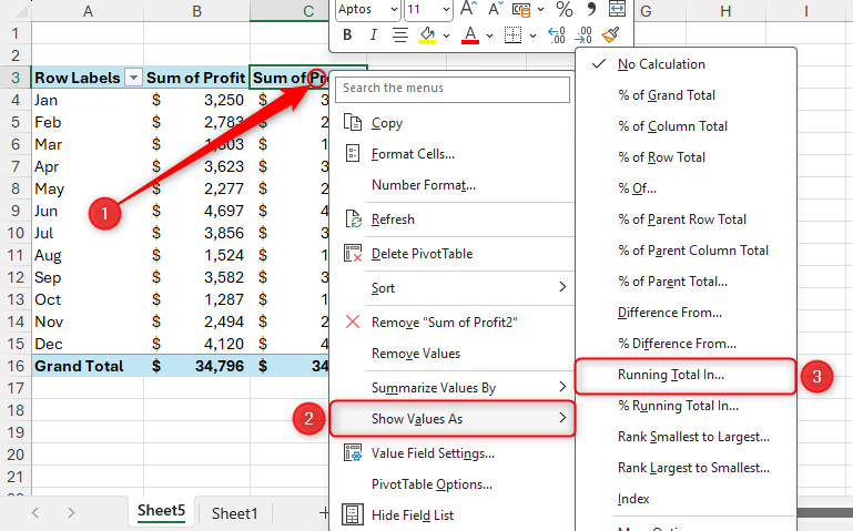A column header in an Excel PivotTable is right-clicked, and Running Total In in the Show Values As option is selected.