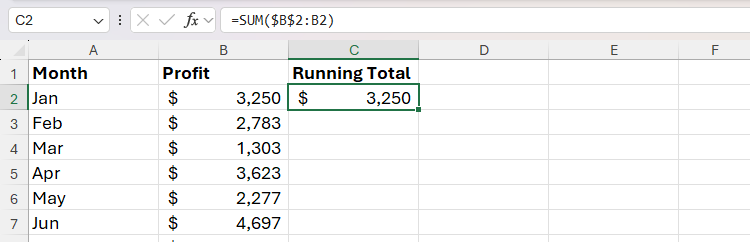 A formula in cell C2 in Microsoft Excel that returns the first value in a running total.