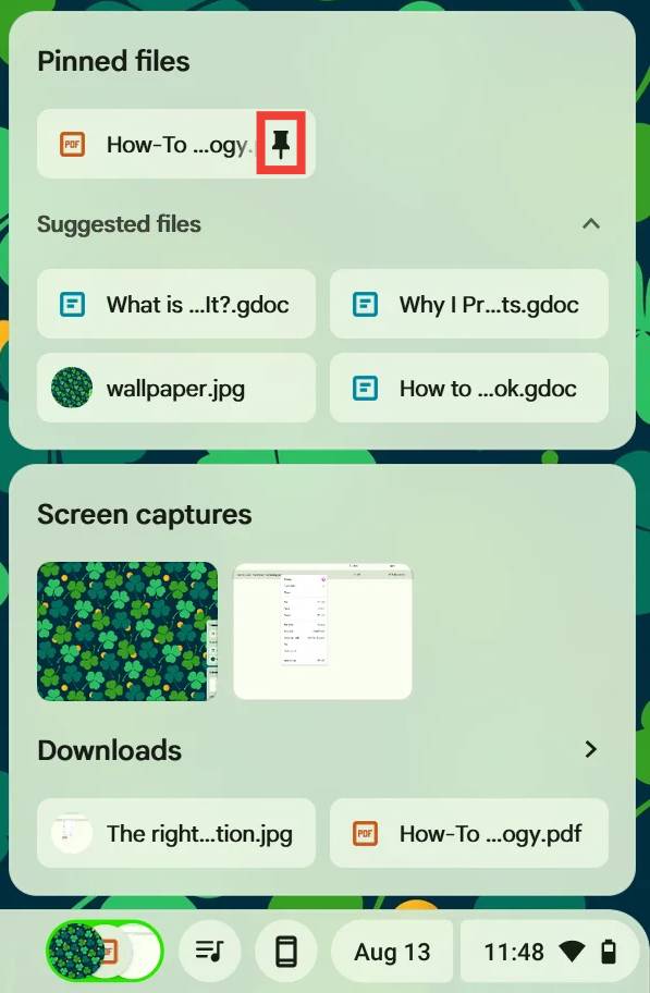 Un archivo fijado en el bolso de Chromebook con una caja roja alrededor del icono de descongelación recortado