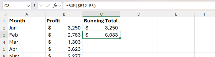 A relative and absolute reference in a formula in Excel that constitutes a running total.