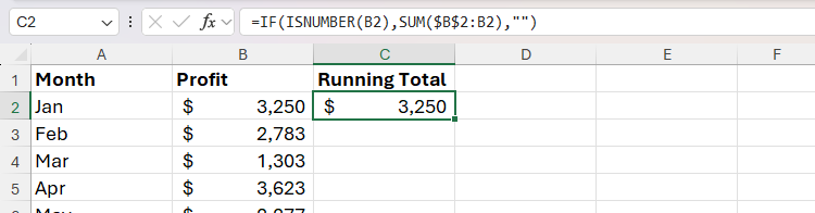 A running total SUM formula in column C in Excel wrapped within an IF formula.