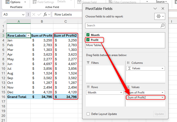 A second Profit column in a PivotTable in Excel.