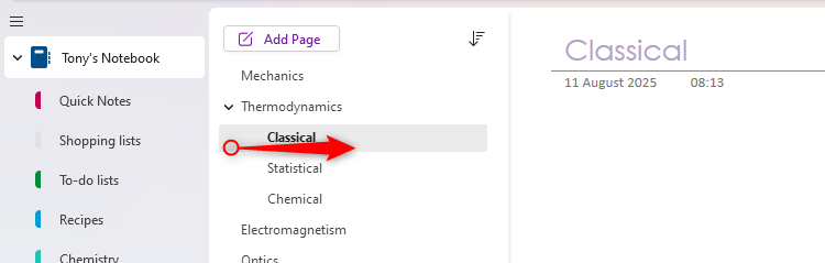 В OneNote создана подстраница путем перетаскивания.