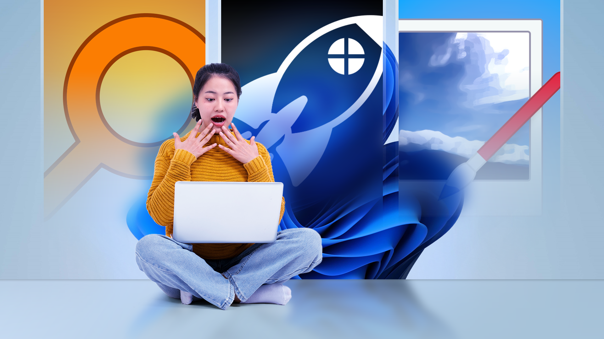 A surprised woman sitting on the floor with a laptop, in front of large icons of Everything Search, Winhance, and Paint.net over a Windows 11 background.