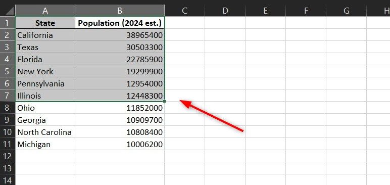 Extent mode activated in Excel