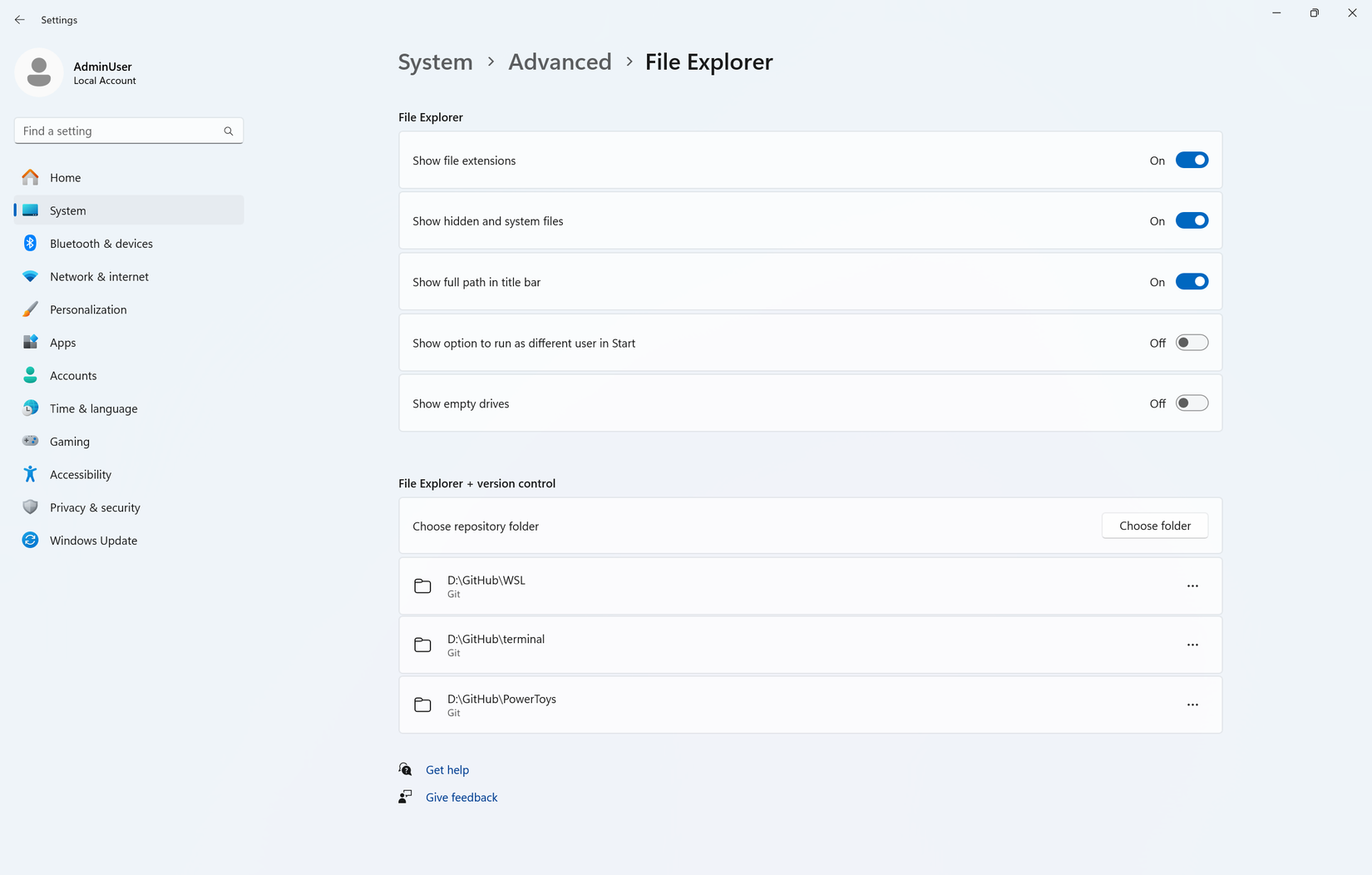 Advanced settings page in Windows 11.