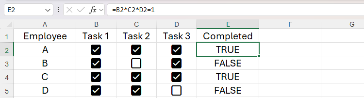 An Excel spreadsheet where three checked checkboxes results in TRUE, with two checked checkboxes resulting in FALSE.