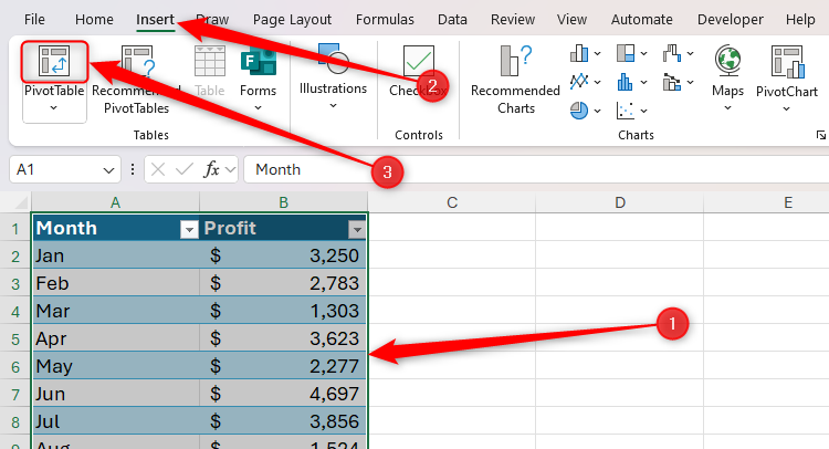 An Excel table is selected, and top half of the split PivotTable icon in the Insert tab on the ribbon is highlighted.