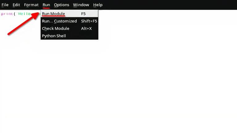 An idle code editor window is open, zoomed in on the toolbar at the top. The run menu is expanded, and the run module menu item is underlined in red for emphasis.