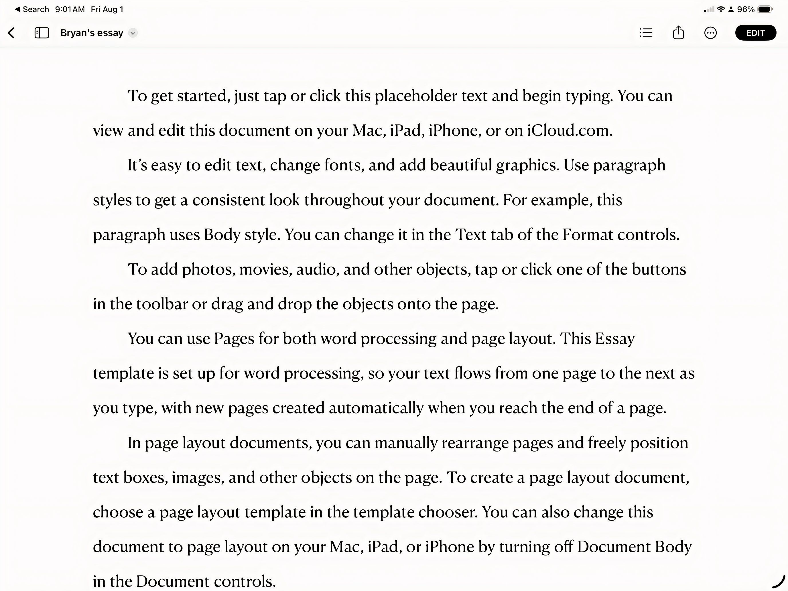 Пример работы в Apple Pages на iPad. 