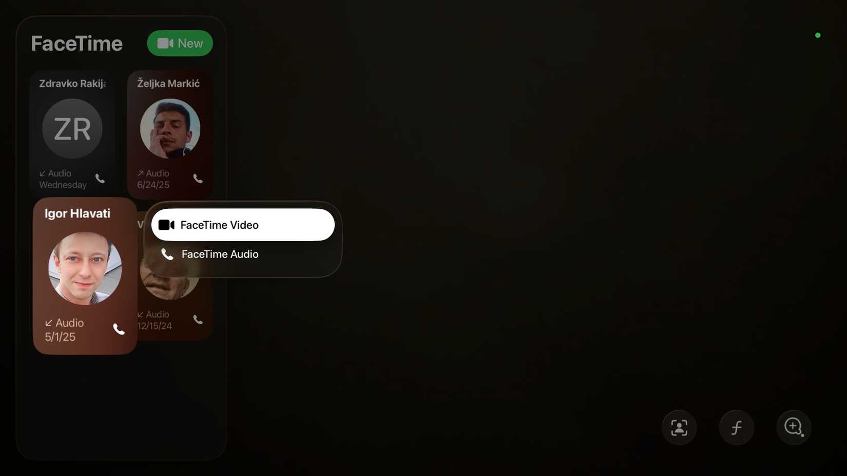 FaceTime on Apple TV displaying contract posters and a call menu, with the FaceTime Video option selected.