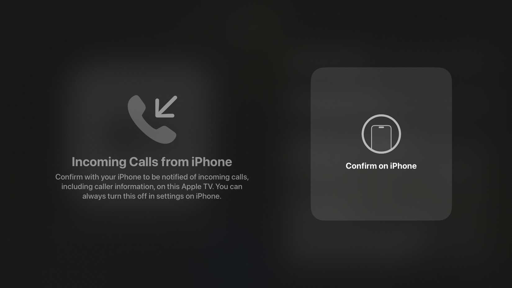 Settings on Apple TV asking for confirmation to show notifications for incoming calls from iPhone.