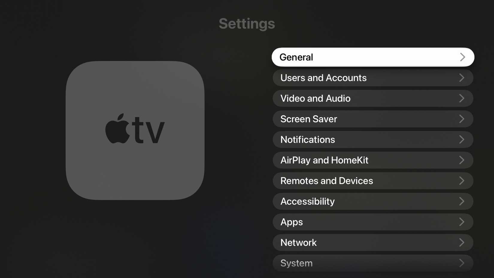 The Apple TV settings with the General section selected.