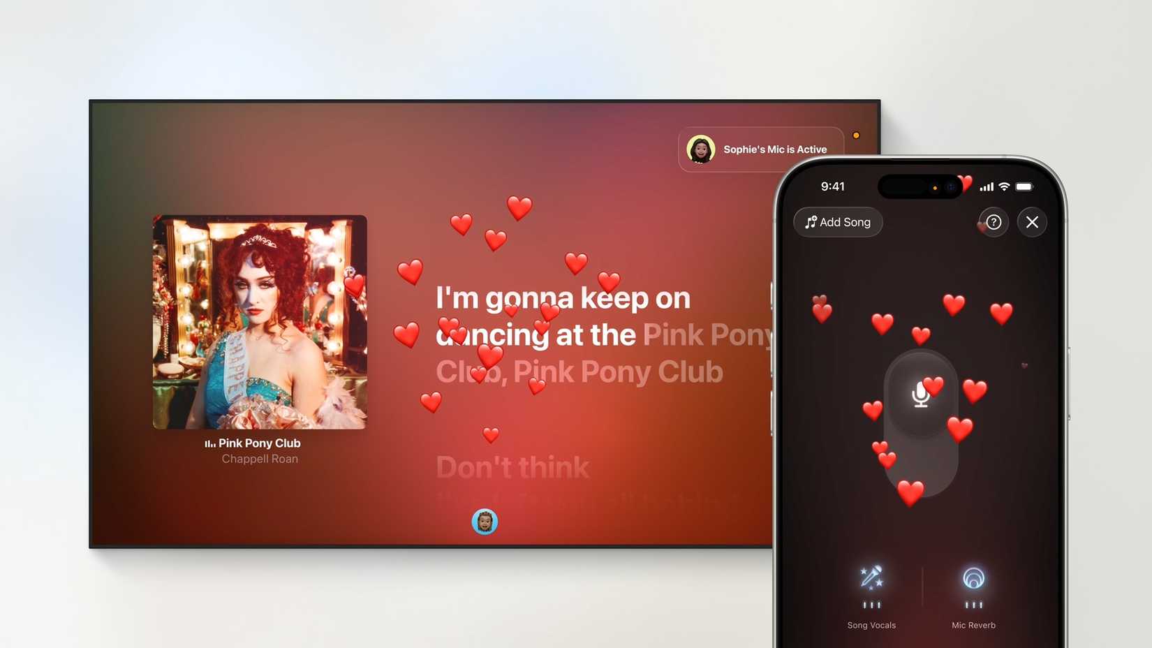 Apple TV and iPhone in karaoke mode, with a love emoji reaction producing animated hearts.