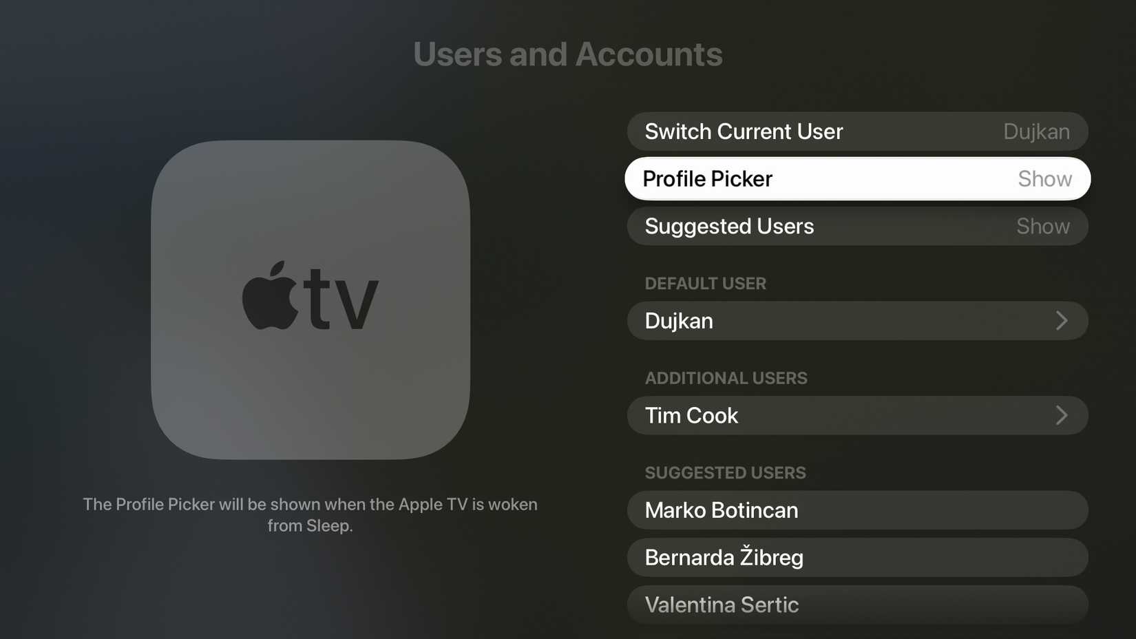 Apple TV settings with the 'Profile Picker' option selected in the 'Users and Accounts' section.